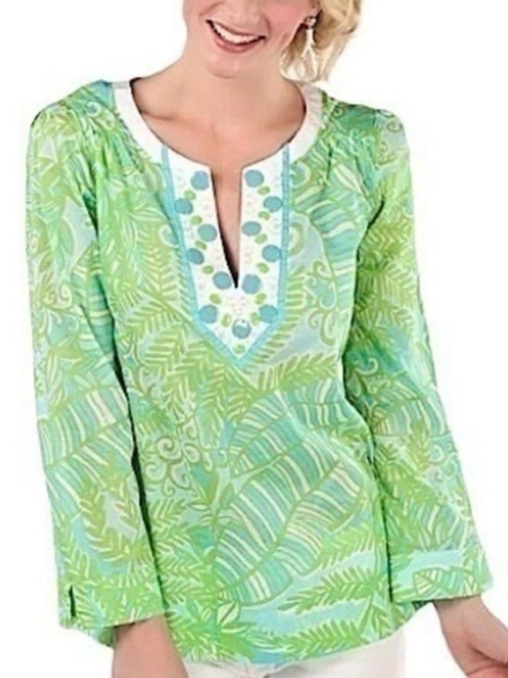 Lilly Pulitzer Thandie Tunic Green Palm Leaf Embellished V-Neck Tunic Size XS